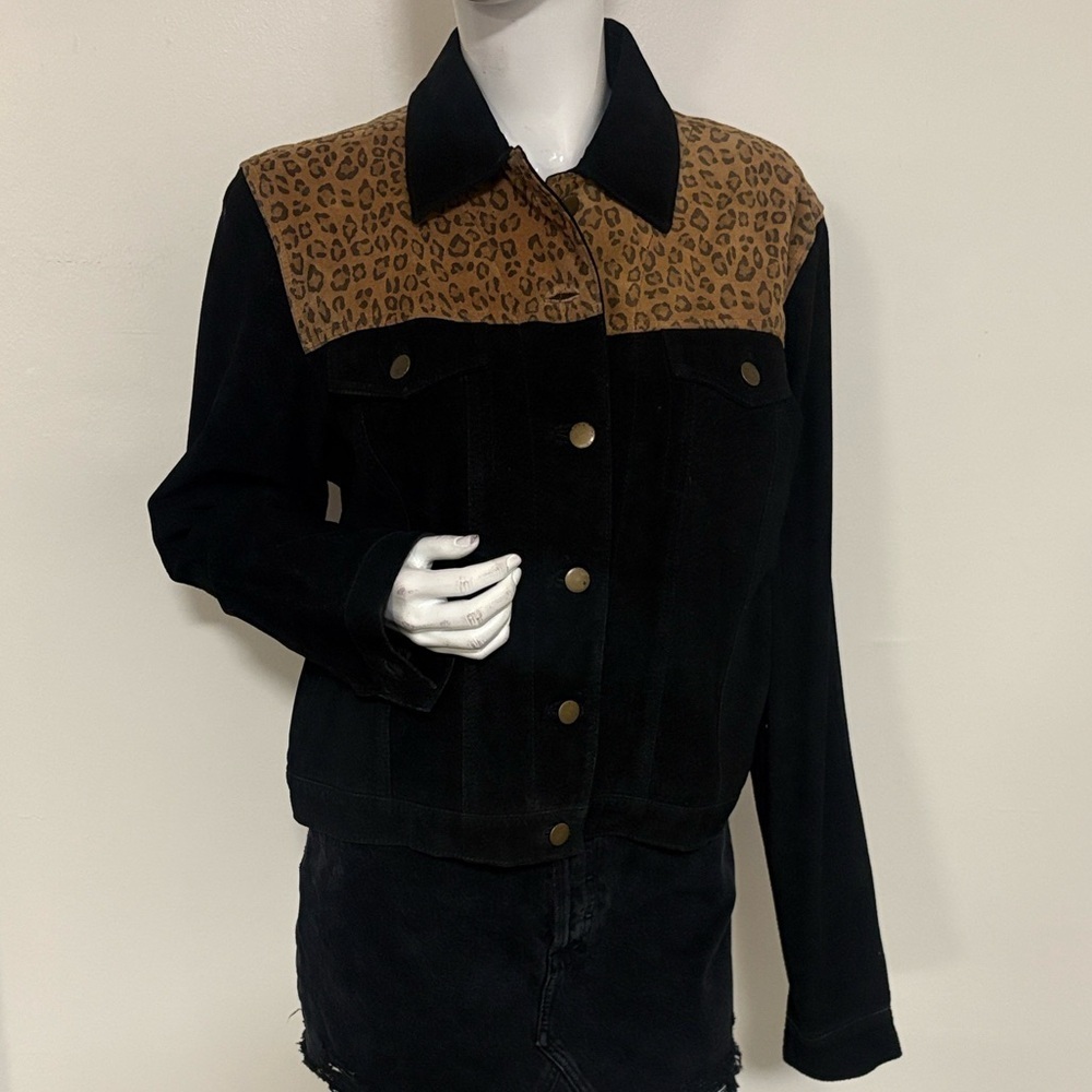 Vintage Margaret Godfrey Black Suede Leather Jacket w Leopard Print Details